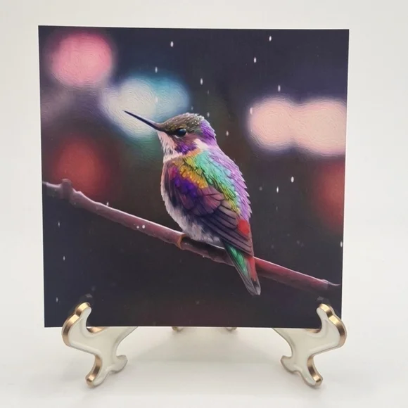 Framed 4x4 Hummingbird Fantasy Art Watercolor Oil Painting Print - Picture 3 of 11